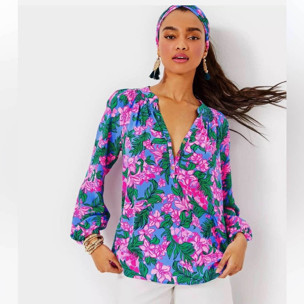 Lilly Pulitzer $178 Elsa Silk Top, Cerise Pink Safari Sunset, Size S - NWT! - Picture 2 of 8